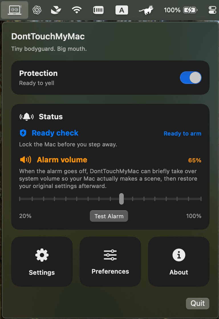 DontTouchMyMac in the macOS menu bar